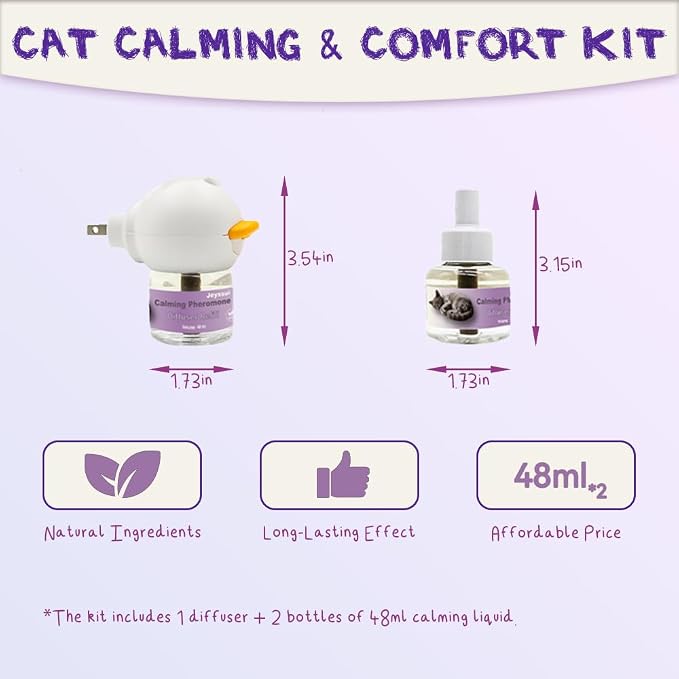 Cat Calming Pheromone Diffuser Kit, 2 Refills, Anxiety Relief | Calming pheromone diffuser with 2 refills helps reduce cat stress, fighting, spraying and anxiety from being alone / grooming
