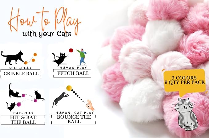 Cat Toys Furry Ball with Bell for Cats Kitty Rabbit Tails (Pink (with Bell))
