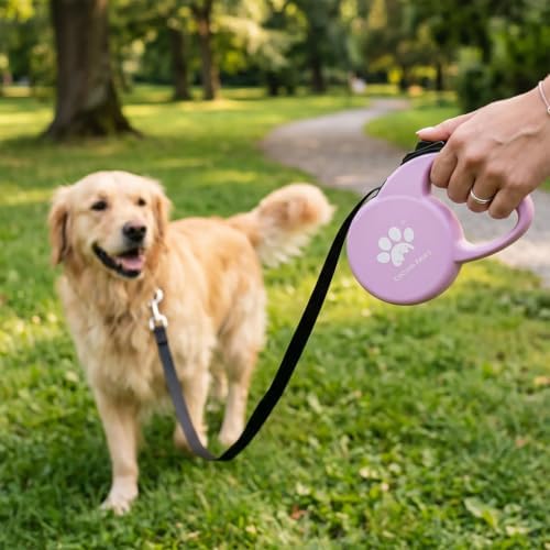 Retractable Dog Leash, 16ft Heavy Duty Nylon Tape for Large Dogs up to 110 lbs, One-Hand Brake & Lock, Tangle-Free, Ergonomic 3.2" XL Handle, Lightweight 0.56lb Pink L GC-DAN