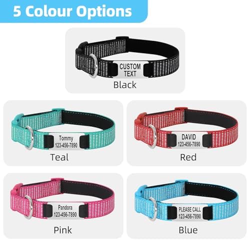 Personalized Reflective Dog Collar, Custom Engraved ID Tag Collar with Name & Phone Number Plate, Soft Neoprene Padded, Adjustable Nylon Collar for Small Medium Large Dogs (Silver ID Tag)