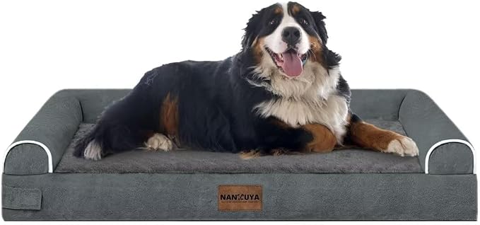 NANUYA Orthopedic Dog Bed for Jumbo Dogs, 53 x 42 Inch, Dark Grey | Egg crate foam for joint support, 3-sided bolster pet sofa, waterproof lining, washable cover, and non-skid base