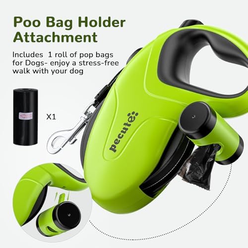 Pecute 32ft Retractable Dog Leash with Poo Bag Holder, Chew Proof Dog Leash with 360° Tangle-Free Extended, Anti-Slip Handle & Quick Brake Button, Suitable for Dogs Up to 66lbs in Weight
