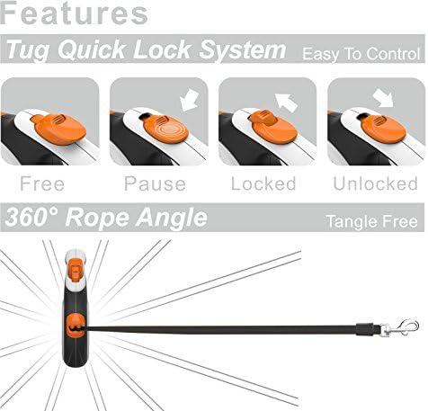TUG 360° Tangle-Free Retractable Dog Leash with Waste Bag Dispenser (Large, White/Orange)