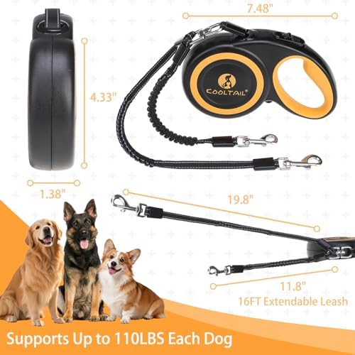 KOOLTAIL Dual Retractable Dog Leash for Two Dogs Up to 110 Lbs, Heavy Duty Double Headed 16 ft Extendable 360° Tangle-Free One Button & Lock Leash Shock Absorbing Bungee for Small Medium Large Dogs