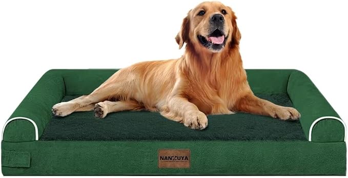 NANUYA Orthopedic Dog Bed for X-Large Dogs, 40 x 32 Inch, Emerald | Egg crate foam for joint support, 3-sided bolster pet sofa, waterproof lining, washable cover, and non-skid base