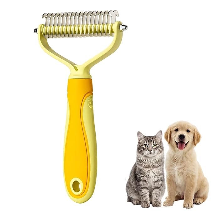 Dematting Comb for Dogs and Cats, 2026 Upgraded Pet Pro Tool Grooming, Dual-Sided Deshedding and Dematting Brush, Ergonomic Pet Grooming Brush, Gentle Pet Hair Remover Comb (Yellow, L)
