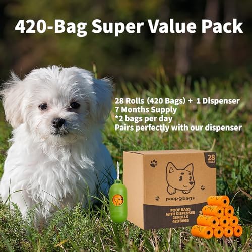 Dog Poop Bags Rolls With Dispenser, Strong and Leak-proof Waste Bags for Pets, Floral Scented, 420 Count (28 Packs of 15), 13 Inch x 9 Inch (Orange)