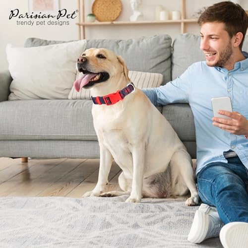 Parisian Pet Plaid Dog Collar - Adjustable Scottish Red Pet Collar with Secure Buckle and Metal D-Ring - Comfortable Designer Puppy Collars - Durable Nylon Checkered Dog Collars for Small Dogs