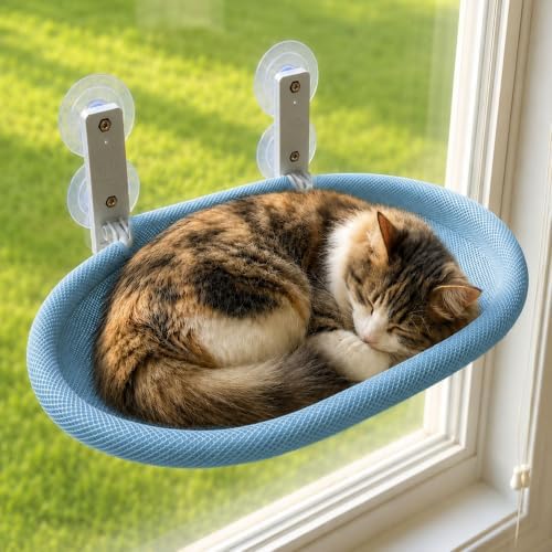 Foldable Cat Window Perch with Suction Cups & Blue Breathable Mesh Cover