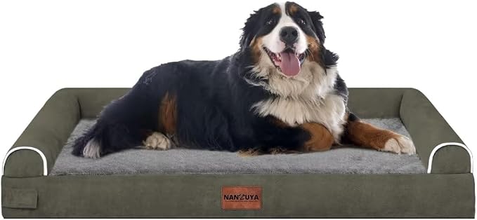 NANUYA Orthopedic Dog Bed for Jumbo Dogs, 53 x 42 Inch, Dark Green | Egg crate foam for joint support, 3-sided bolster pet sofa, waterproof lining, washable cover, and non-skid base