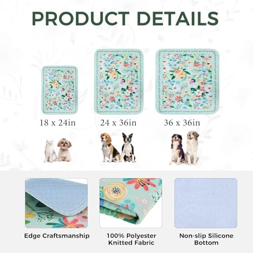 Homimp Washable Pee Pads for Dogs,2 Pack Spring Floral Reusable Puppy Pads Waterproof,Absorbent and Leakproof Dog Pee Pads,Non Slip Puppy Training Pads,Pet Mat for Floor,Whelping,Teal 18"x24"