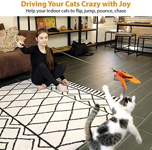 Qpets® Cat Toys Set of 11 Cat Teaser Wand Toy with 2 Retractable Teaser Wand, 5 Feather Teaser Toy, 4 Worm Teaser Cat Toy Interactive Cat Toy Wand Kitten Toys for Indoor Cats to Play Chase Exercise