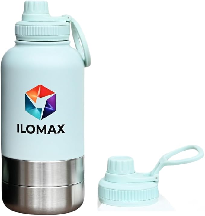 ILOMAX 3-in-1 Stainless Steel Dog Travel Water Bottle with Food & Water Bowls, Leak-Proof & Insulated, Extra Magnetic Lid, Keeps Drinks Cold 12H/Hot 6H, Portable Outdoor Hydration, 32oz (Bluish White)