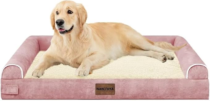 NANUYA Orthopedic Dog Bed for Large Dogs, 36 x 27 Inch, Pink | Egg crate foam for joint support, 3-sided bolster pet sofa, waterproof lining, washable cover, and non-skid base