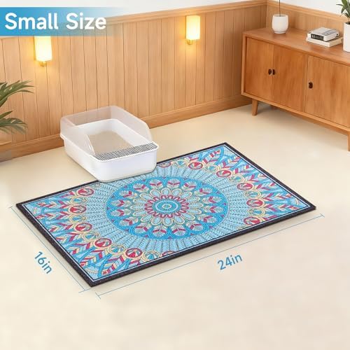 Cat Litter Mat, 24" x 16" Litter Box mat, Traps 100% Litter, Non-Slip Kitty Litter Trapping mats, Small Cute Litter mat, Easy Clean for Scatter Control, Bohe cat Food mat, Urine Waterproof