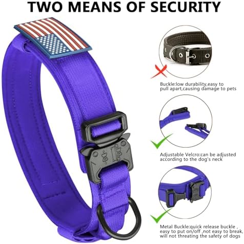 DAGANXI Tactical Dog Collar, Adjustable Military Training Nylon Dog Collar with Control Handle and Heavy Metal Buckle for Medium and Large Dogs, with Patches and Airtags Case (Purple, L)