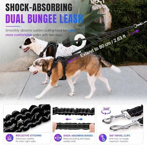 Double Retractable Dog Leash for Two Dogs Up to 115 lbs - 18.6 ft Coupler Leashes for Small Medium Dogs - One Locked System, Non Slip Grip, Tangle Free