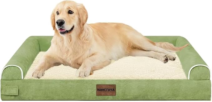 NANUYA Orthopedic Dog Bed for Large Dogs, 36 x 27 Inch, Grass Green | Egg crate foam for joint support, 3-sided bolster pet sofa, waterproof lining, washable cover, and non-skid base