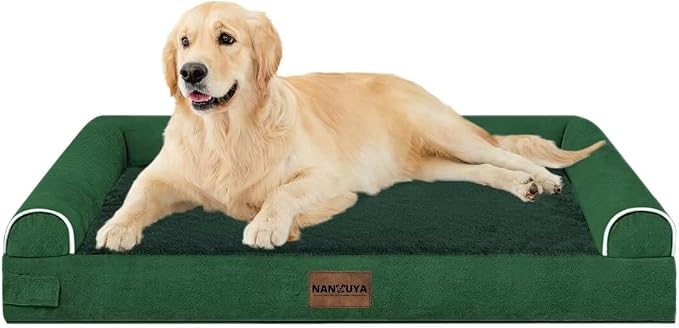 NANUYA Orthopedic Dog Bed for Large Dogs, 36 x 27 Inch, Emerald | Egg crate foam for joint support, 3-sided bolster pet sofa, waterproof lining, washable cover, and non-skid base