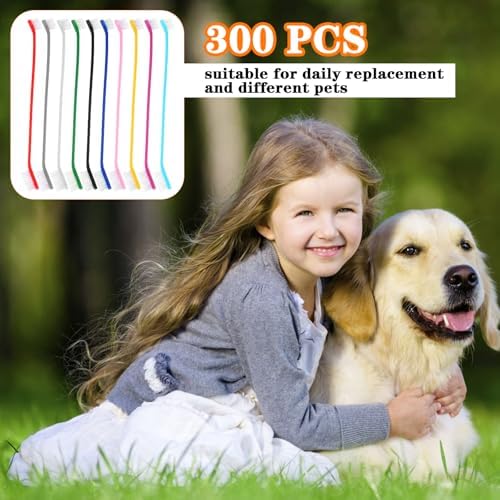300Pcs Dog Toothbrushes Bulk Dual Headed Dog Teeth Long Handle Plastic Brush Tooth Brush for Large Small Dogs Cats Puppy Teeth Cleaning Dental Care Supplies 10 Colors+