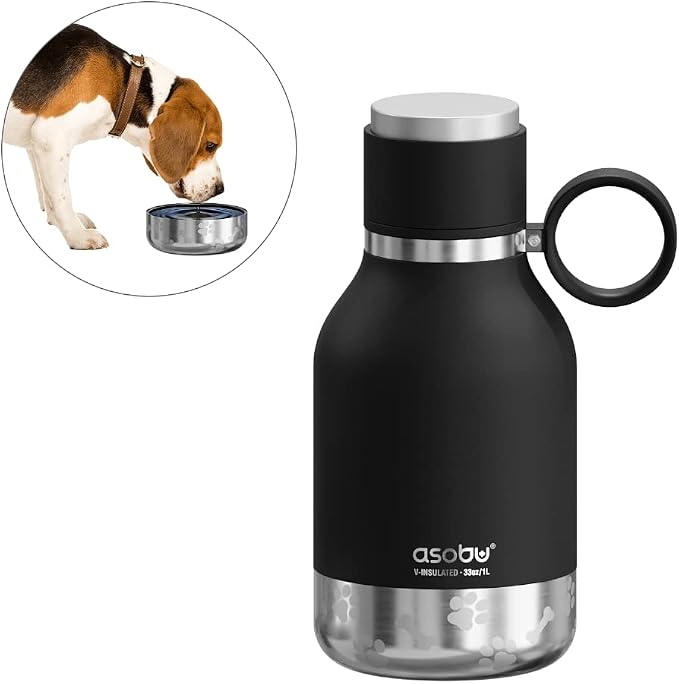 Asobu Buddy Bottle, a Stainless Steel Insulated Water Bottle with Removable Dog Water Bowl and Dog Food and Treat Storage (Midnight Marble, 37 Oz)