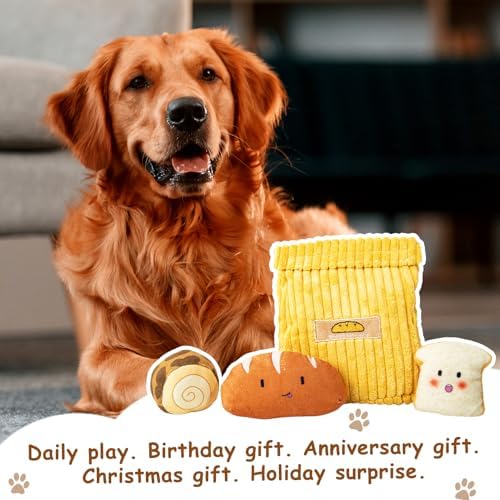 Hollypet Squeaky Hide and Seek Dog Toys for Small and Medium Dogs, Bread