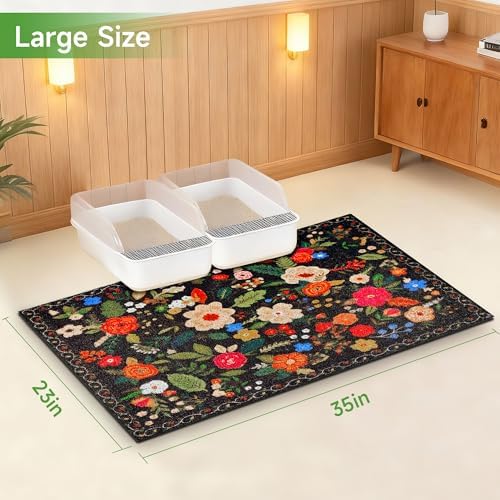 Cat Litter Mat, 35" x 23" Litter Box mat, Traps 100% Litter, Non-Slip Kitty Litter Trapping mats, Large Cute Litter mat, Easy Clean for Scatter Control, Bohe cat Food mat, Urine Waterproof