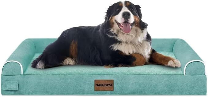 NANUYA Orthopedic Dog Bed for Jumbo Dogs, 53 x 42 Inch, Aqua Blue | Egg crate foam for joint support, 3-sided bolster pet sofa, waterproof lining, washable cover, and non-skid base