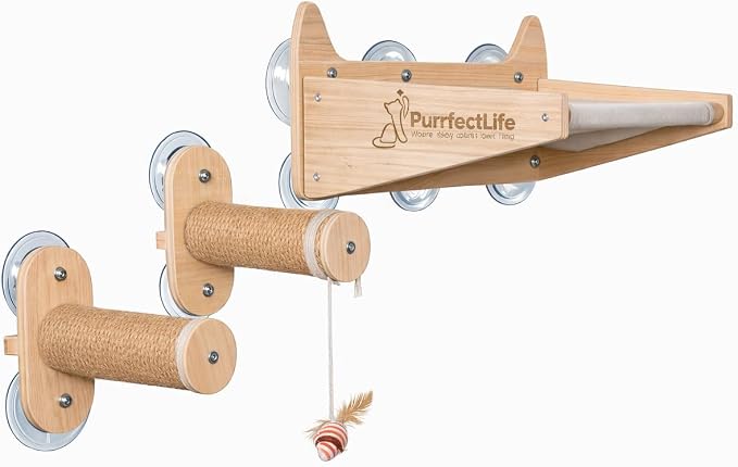 Cat Window Perch for Indoor Cats – 2-in-1 Solid Wood Cat Hammock Window Seat & Wall Mount with 9 Suction Cups, Climbing Steps + Hanging Toy – Supports 40 lbs, Bird Watching & Sunbathing