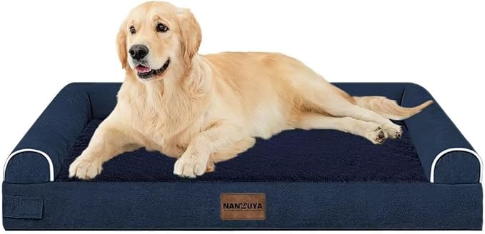 NANUYA Orthopedic Dog Bed for Large Dogs, 36 x 27 Inch, Navy Blue | Egg crate foam for joint support, 3-sided bolster pet sofa, waterproof lining, washable cover, and non-skid base
