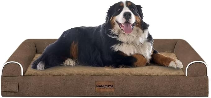 NANUYA Orthopedic Dog Bed for Jumbo Dogs, 53 x 42 Inch, Brown | Egg crate foam for joint support, 3-sided bolster pet sofa, waterproof lining, washable cover, and non-skid base