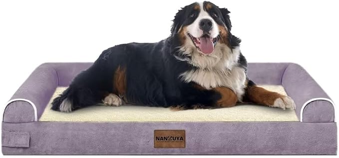 NANUYA Orthopedic Dog Bed for Jumbo Dogs, 53 x 42 Inch, Purple | Egg crate foam for joint support, 3-sided bolster pet sofa, waterproof lining, washable cover, and non-skid base
