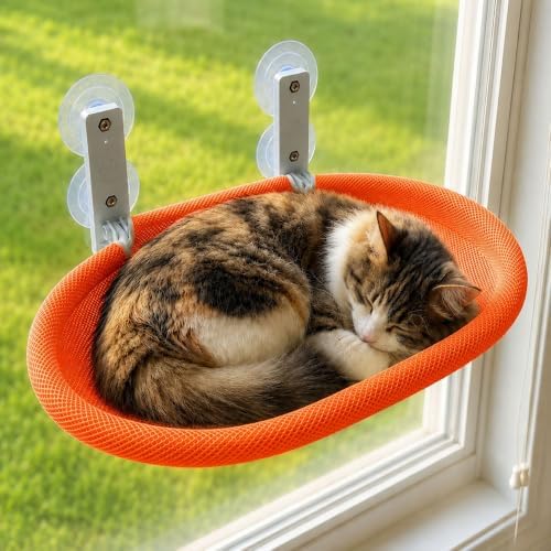 Foldable Cat Window Perch with Suction Cups & Orange Breathable Mesh Cover