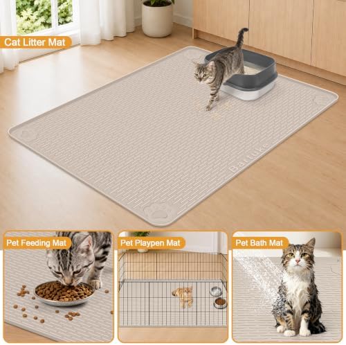 Silicone Cat Litter Mat 50"x35" Cat Mat for Litter Box, Khaki