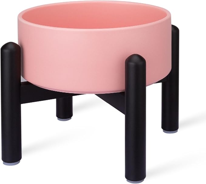 Raised Ceramic Dog Bowl, 6.1'' Modern Feeding Bowl with Non-Slip Stainless Steel Stand, Elevated Food or Water Dish for Small to Medium Dogs, 2 Cups (28.75 fl oz)- Pink