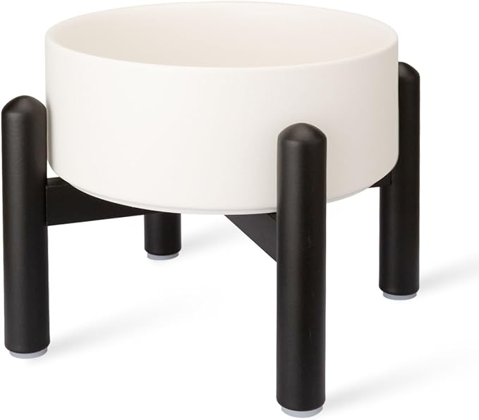 Raised Ceramic Dog Bowl, 6.1'' Modern Feeding Bowl with Non-Slip Stainless Steel Stand, Elevated Food or Water Dish for Small to Medium Dogs, 2 Cups (28.75 fl oz) - White