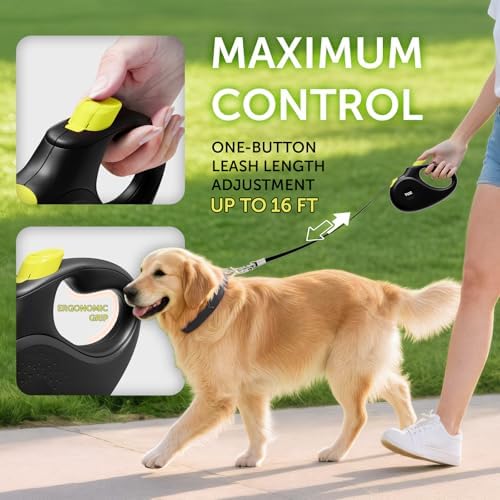 TUG 360° Tangle-Free Retractable Dog Leash | 16 ft Strong Nylon Tape (Large, Black/Yellow)