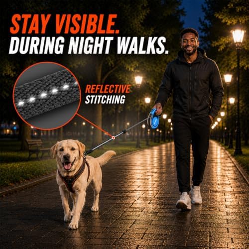 22.6 FT Retractable Dog Leash for Dogs 5-110 lbs–Reflective Leash with Reinforced Tape & Strong Cord–Quick Lock Button–360° Swivel System–Stainless Steel Spring–Comfortable Anti-Slip Handle BL