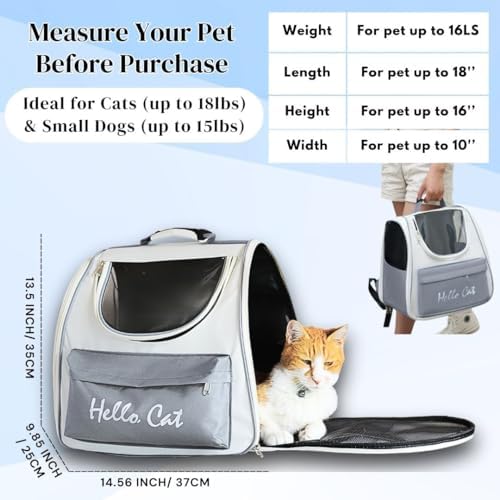 ClawsandPaws Spacious Cat Backpack Carrier, Portable Cat Carrier, Large Space for Pet, Backpack for Kitty Cat & Small Dogs up to 15lbs, Lightweight & Foldable Pet Carrier for Travel & Hiking (Grey)