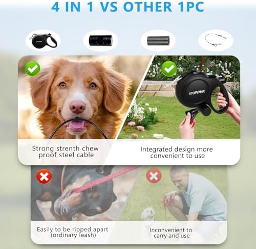26Ft Retractable Dog Leash for Medium/Large Dogs up to 110lbs, Strong Heavy Duty Retractable Leash with Chew-Proof Cable, 360 Tangle Free, One Hand Brake Lock & Poo Bag Holder (Black)