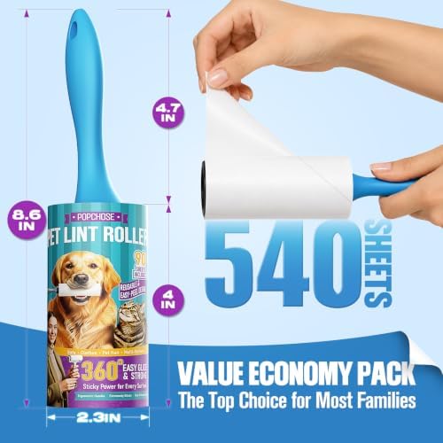 POPCHOSE Lint Roller for Pet Hair Extra Sticky, 540 Sheets with 2 Handles