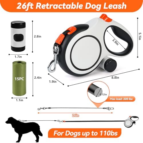 26ft Retractable Dog Leash for Large Dogs Up to 110lbs, Orange