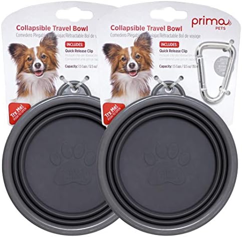 Prima Pet Collapsible Silicone Water Travel Bowl with Clip for Dog and Cat, Portable and Durable Pop-up Feeder for Convenient On-the-go Feeding - Size: Small (1.5 Cups) Grey -2 Pack