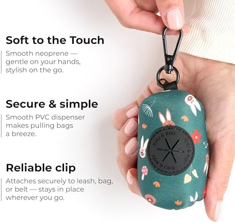 KIKI & RIKI Premium Dog Poop Bag Holder, Waste Bag Dispenser with Leash Clip, Artist-Designed Print (Designed in Georgia), Includes 1 Starter Roll of Bags, Fits Standard Rolls, Green (Berry Forest)