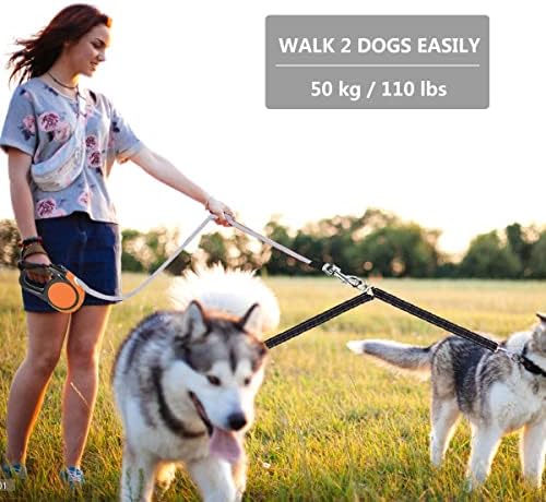 Dual Retractable Dog Leash for Small Breed (Up to 44 Lbs Each) - Double Headed 18.5 ft Extendable Pet Leash with Poop Bags, Non Slip Grip - One Button Break & Lock, 360 Tangle-Free (Orange, Medium)
