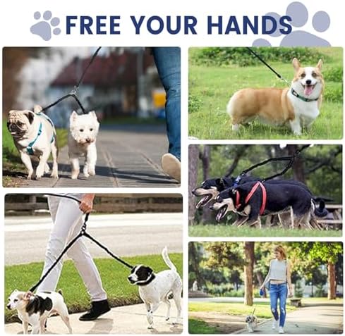 Dual Retractable Dog Leash for 2 Medium Dogs (Up to 66LBS Each) - Double Headed Pet Leash with Poop Bags and LED Light, One Button Brake & Lock, 360 Tangle-Free (Blue, Medium)