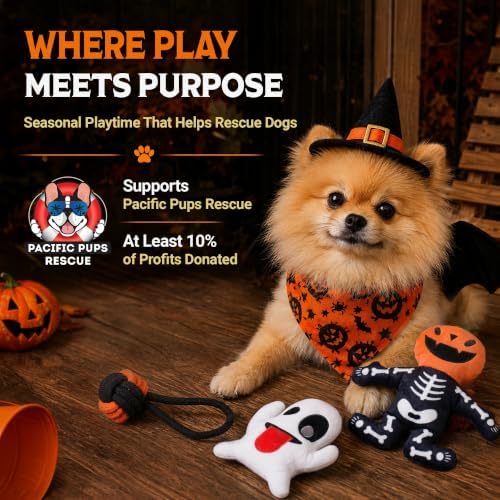 Pacific Pups Products Halloween Dog Toys for Small Dogs — 3-Pack | 2 Halloween Dog Plushies + Rope Toy | Soft, Squeaky & Spooky | Benefits Dog Rescue