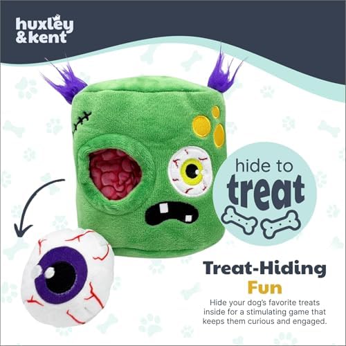 Huxley & Kent Interactive Halloween Funny Dog Toy w/Squeaker – Power Plush Puzzle Dog Toys for Small, Medium & Large Dogs – Treat Hiding Play Time - Pop 'n Fetch Zombie Pop-Eye