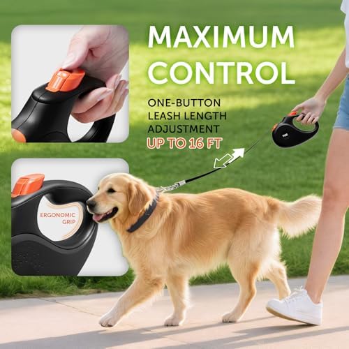 TUG 360° Tangle-Free Retractable Dog Leash | 16 ft Strong Nylon Tape (Large, Black/Orange)