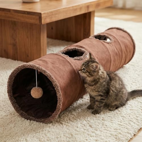 ZENFUN 51"x 12" Collasiple Cat Play Tunnel, Cats Tubes and Tunnels, Cat Foldable Hide and Seek Tunnel Toy, Brown Suede Pet Tube Toy for Rabbits, Ferrets, Puppy, Diameter 12 Inch